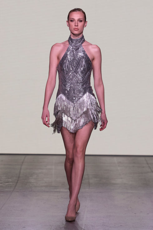 HALTER NECK, FRINGE DETAILED MINI DRESS